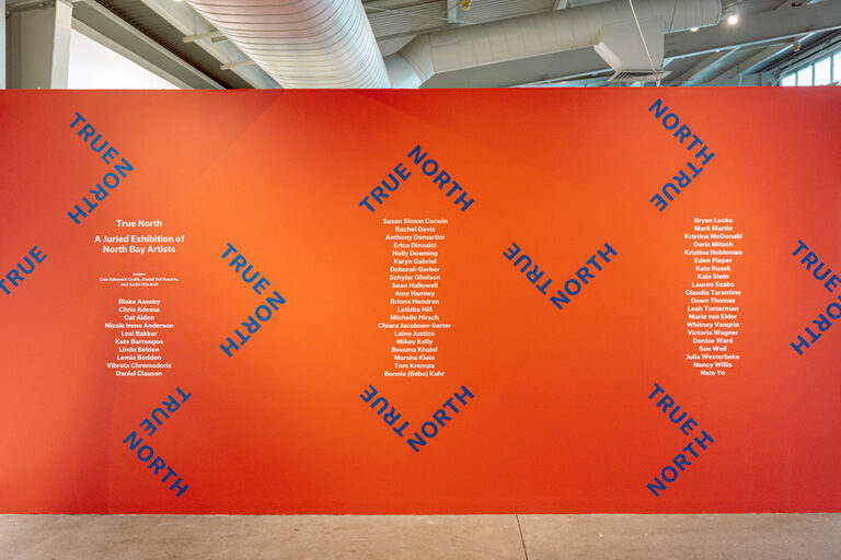 A large ornage wall with blue text reading "True North" in a repeating pattern, and white text with artists names.