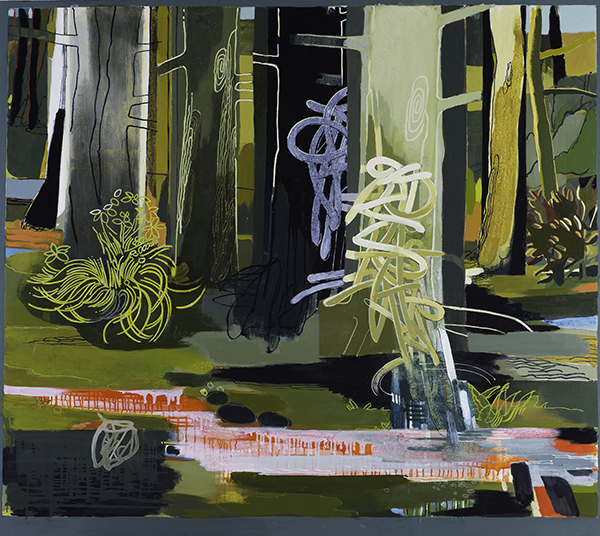 A painting with abstract elements recalling a forest and stream