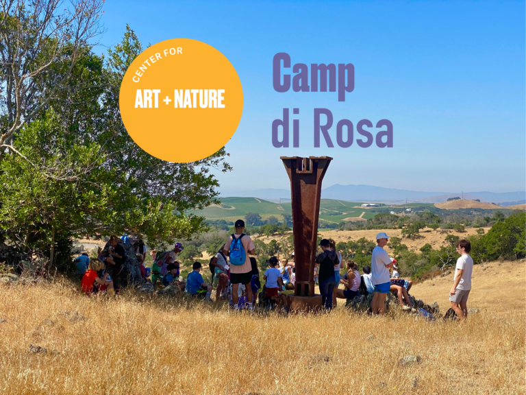 A photo of a group of kids sitting in the shade of a low tree, looking out over a wide valley; text over lay reads Camp di Rosa Art + Nature